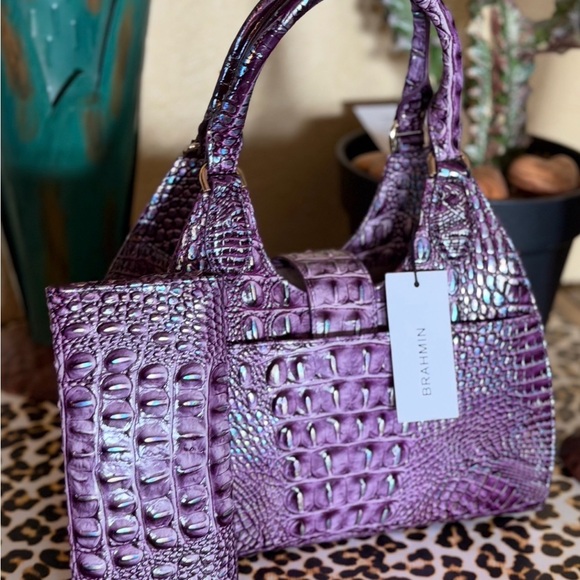 Brahmin Iridescent Purple Crocodile-Embossed Shoulder Bag FiRM - Picture 11 of 16